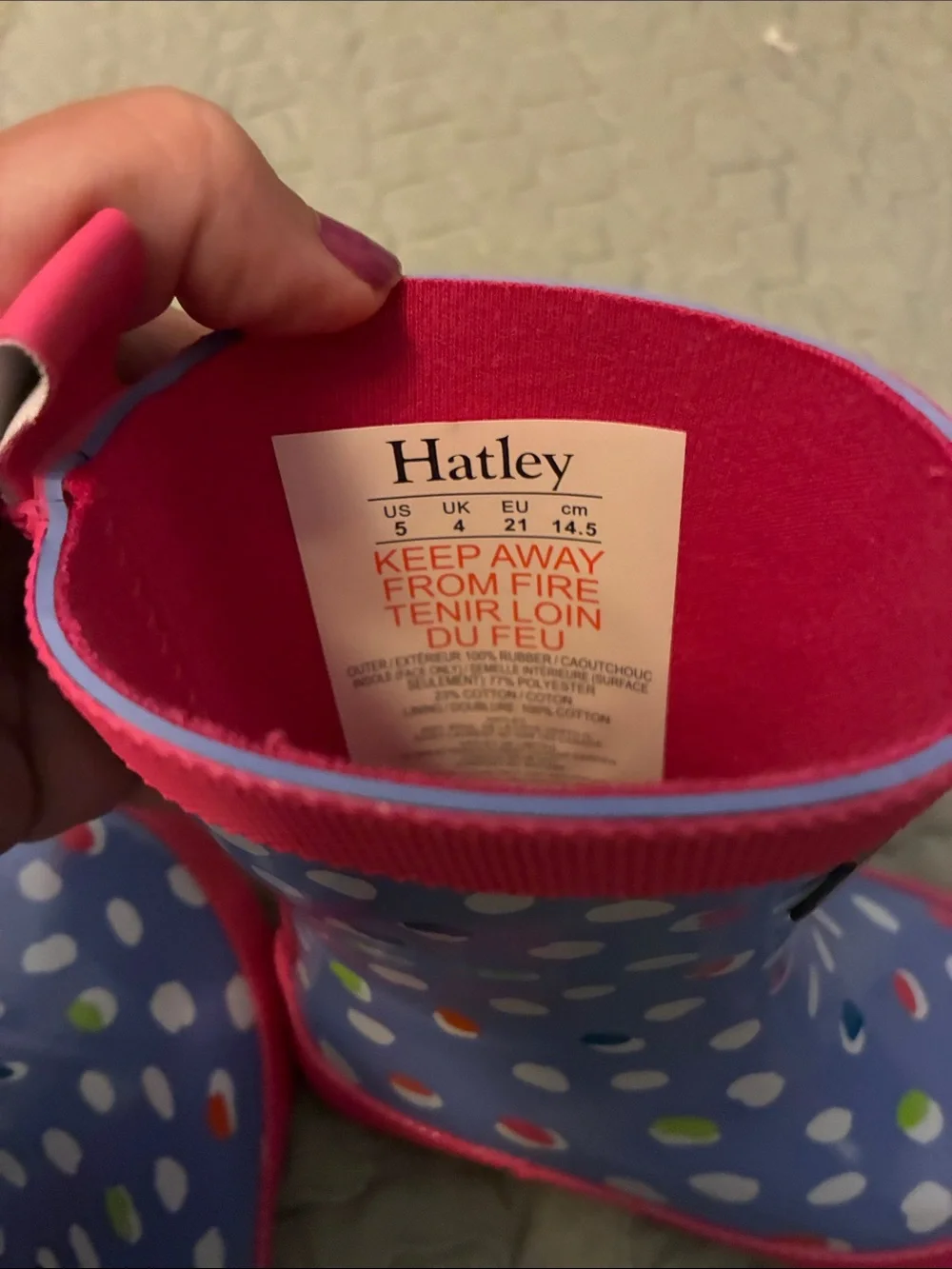 Hatley Blue Polka Dot Kids Rain Boots with Pink Trim